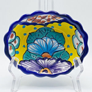 Talavera Pottery Flower Trinket Nut Olive Bowl Dish Mexico Artisan 5.5"x4.25"